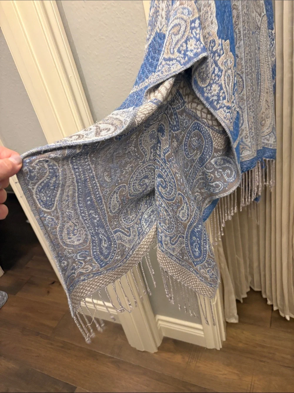 Chico’s Blue and khaki Paisley Fringe Poncho Top